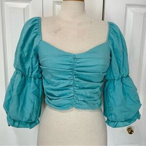Do+Be Romantic Aquamarine Blue Ruched Socked Puffed Sleeve Top Size Medium